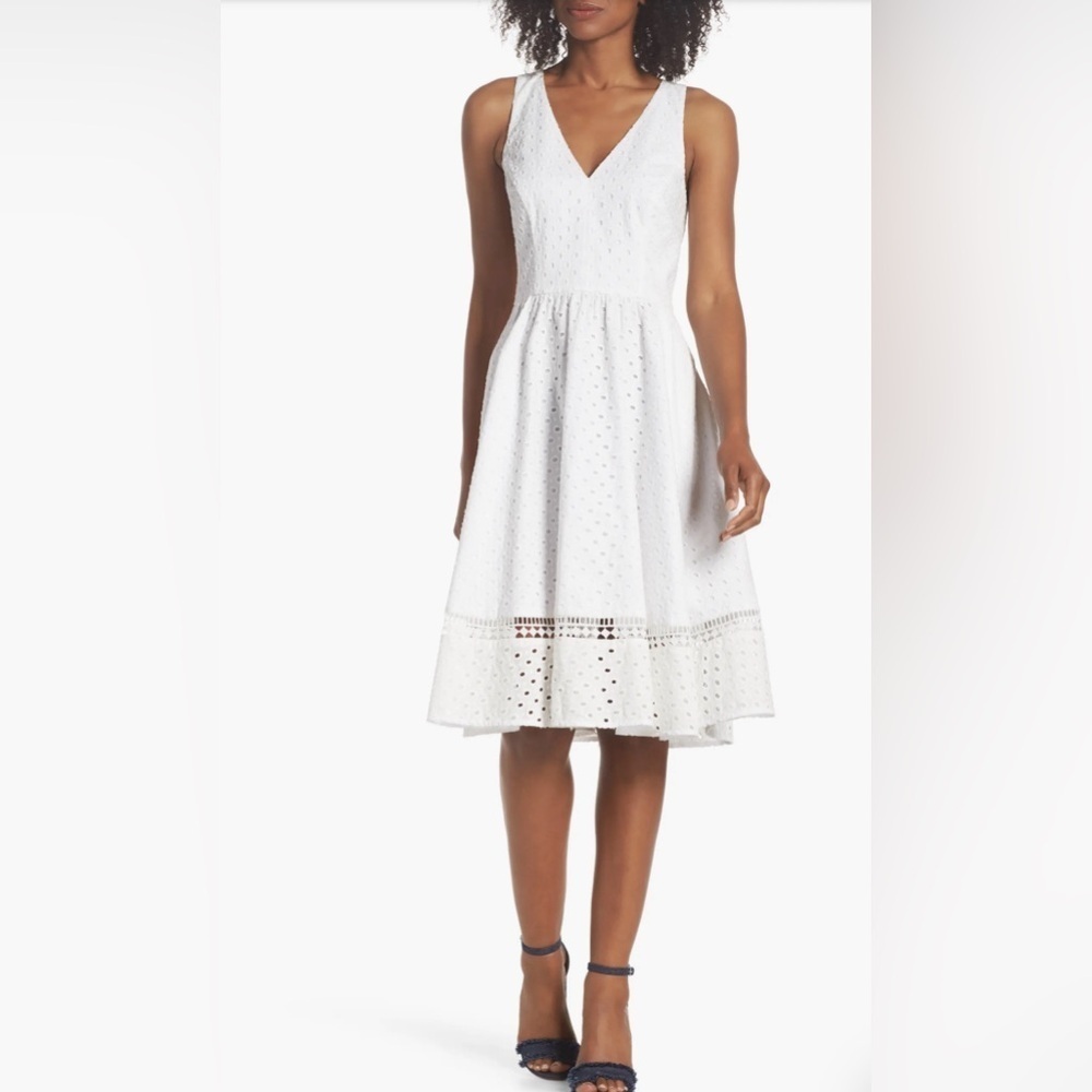 Eliza J Eyelet Bow Back Fit and Flare Dress Sleeveless Pockets White SZ 6